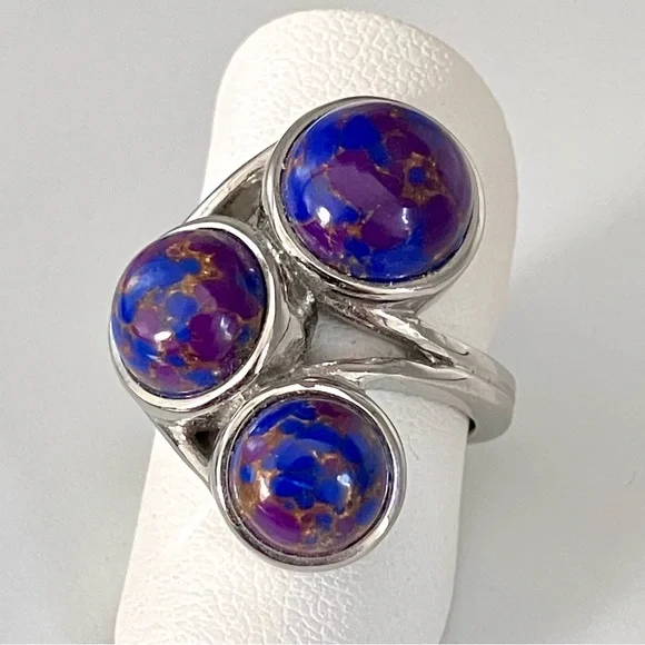 Mojave purple turquoise, multi-stone Cabochon ring in stainless steel - Picture 2 of 9